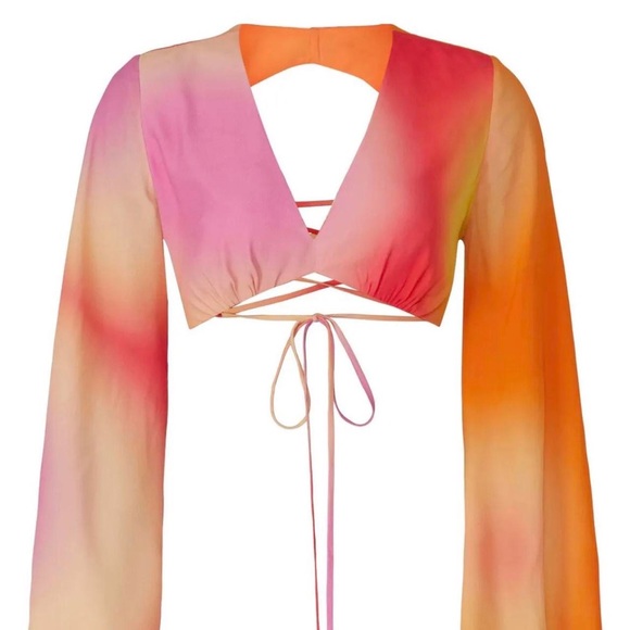 Nicole Miller Runway Crop Top 70s Ombré Silk Laced Open Back Flare Long Sleeve - Picture 7 of 8